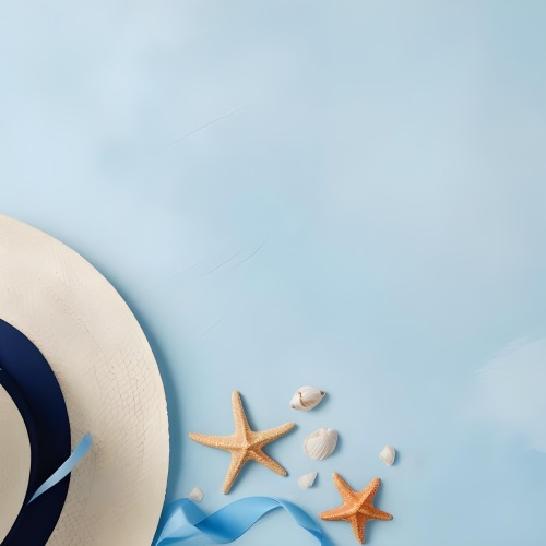 A Straw Hat With A Blue Ribbon Seashells And A Starfish On A Light Blue Textured Background Summer Vacation Concept Beach Theme Top View 26 F8ad