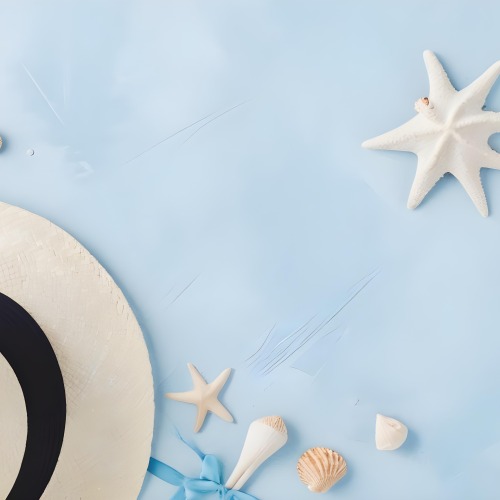 A Straw Hat With A Blue Ribbon Seashells And A Starfish On A Light Blue Textured Background Summer Vacation Concept Beach Theme Top View 27 7eb9