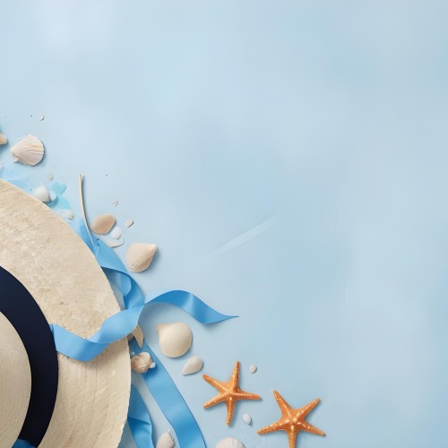 A Straw Hat With A Blue Ribbon Seashells And A Starfish On A Light Blue Textured Background Summer Vacation Concept Beach Theme Top View 28 B476