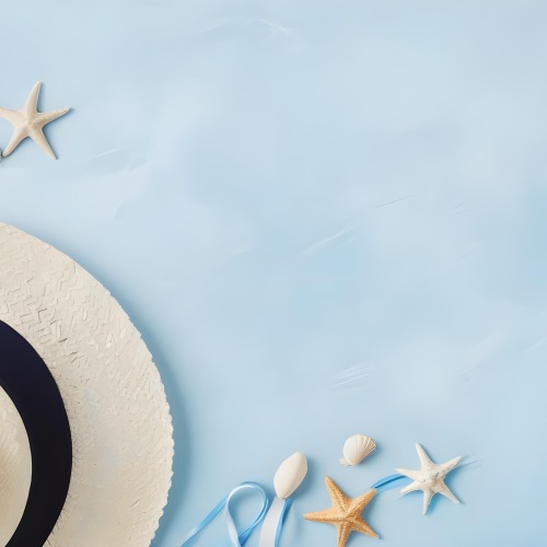 A Straw Hat With A Blue Ribbon Seashells And A Starfish On A Light Blue Textured Background Summer Vacation Concept Beach Theme Top View 29 0752