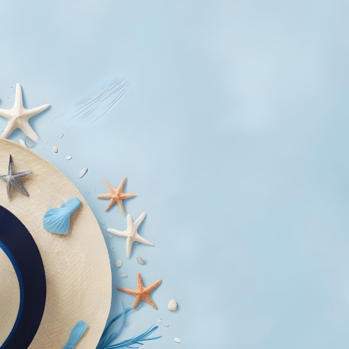 A Straw Hat With A Blue Ribbon Seashells And A Starfish On A Light Blue Textured Background Summer Vacation Concept Beach Theme Top View 29 1a16