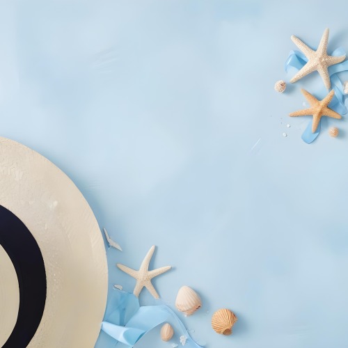 A Straw Hat With A Blue Ribbon Seashells And A Starfish On A Light Blue Textured Background Summer Vacation Concept Beach Theme Top View 3 D8f2