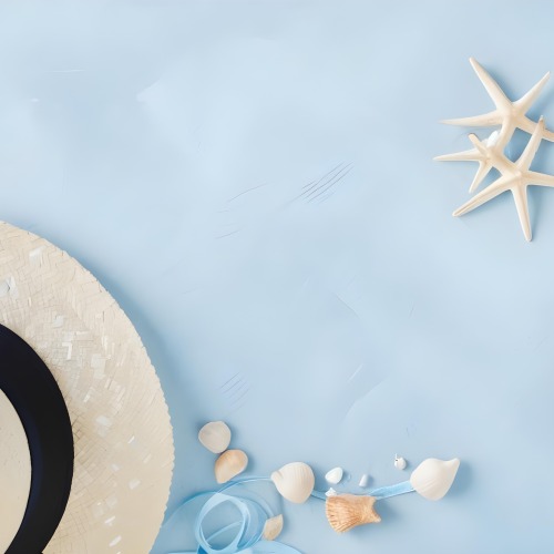 A Straw Hat With A Blue Ribbon Seashells And A Starfish On A Light Blue Textured Background Summer Vacation Concept Beach Theme Top View 3 E5b3