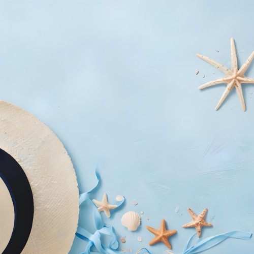 A Straw Hat With A Blue Ribbon Seashells And A Starfish On A Light Blue Textured Background Summer Vacation Concept Beach Theme Top View 30 4371