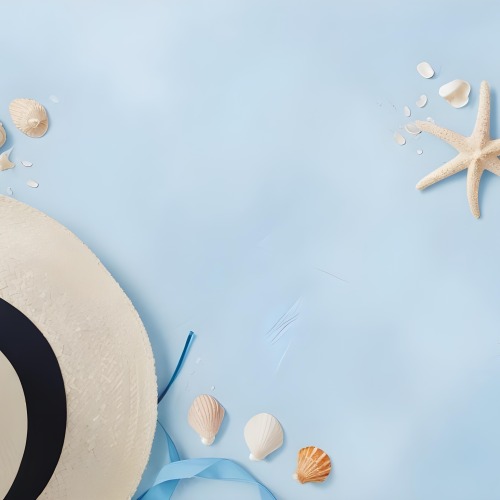 A Straw Hat With A Blue Ribbon Seashells And A Starfish On A Light Blue Textured Background Summer Vacation Concept Beach Theme Top View 4 5dc3