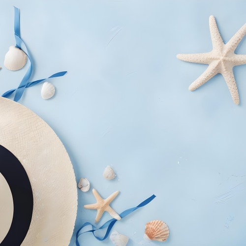 A Straw Hat With A Blue Ribbon Seashells And A Starfish On A Light Blue Textured Background Summer Vacation Concept Beach Theme Top View 5 2d8d