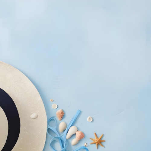 A Straw Hat With A Blue Ribbon Seashells And A Starfish On A Light Blue Textured Background Summer Vacation Concept Beach Theme Top View 6 1b38