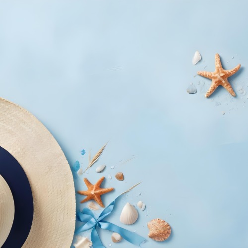A Straw Hat With A Blue Ribbon Seashells And A Starfish On A Light Blue Textured Background Summer Vacation Concept Beach Theme Top View 6 Daf9