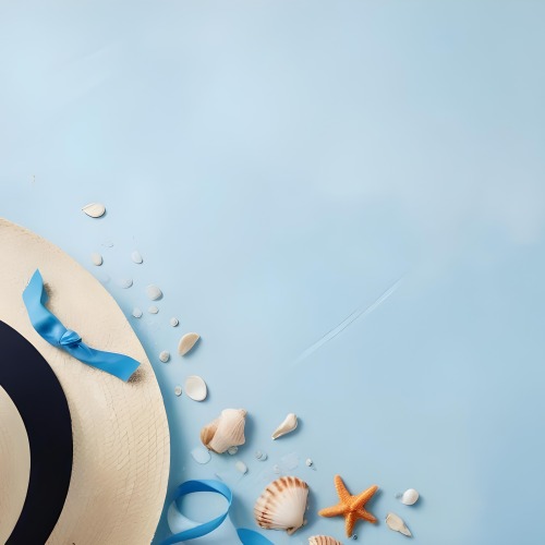 A Straw Hat With A Blue Ribbon Seashells And A Starfish On A Light Blue Textured Background Summer Vacation Concept Beach Theme Top View 7 9160