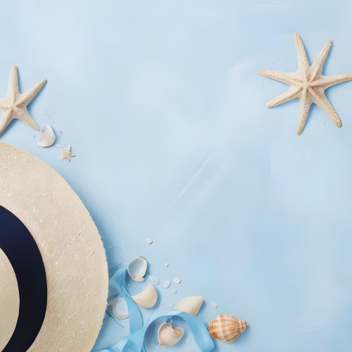 A Straw Hat With A Blue Ribbon Seashells And A Starfish On A Light Blue Textured Background Summer Vacation Concept Beach Theme Top View 7 Cab9