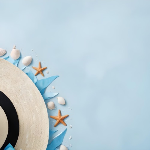 A Straw Hat With A Blue Ribbon Seashells And A Starfish On A Light Blue Textured Background Summer Vacation Concept Beach Theme Top View 8 Bef3