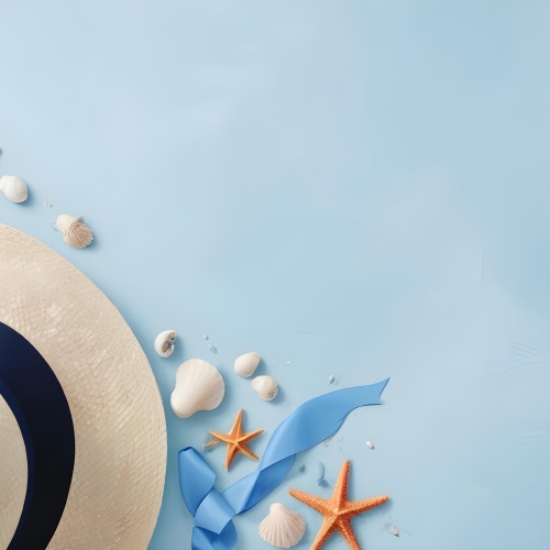A Straw Hat With A Blue Ribbon Seashells And A Starfish On A Light Blue Textured Background Summer Vacation Concept Beach Theme Top View 9 Bc4e