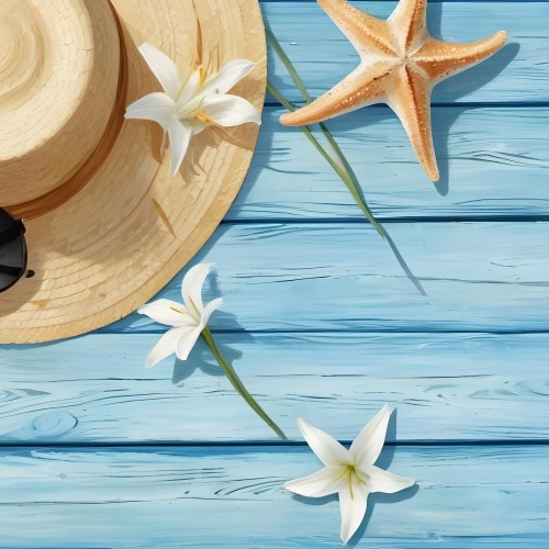 A Straw Hat With A White Lily A Starfish And Sunglasses On A Blue Wooden Surface 12 Baaa