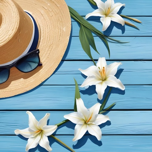 A Straw Hat With A White Lily A Starfish And Sunglasses On A Blue Wooden Surface 13 3ea6