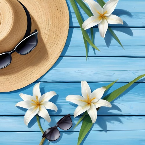 A Straw Hat With A White Lily A Starfish And Sunglasses On A Blue Wooden Surface 14 0ef7