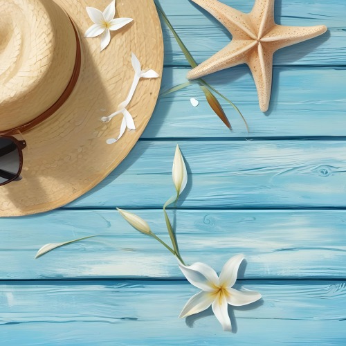 A Straw Hat With A White Lily A Starfish And Sunglasses On A Blue Wooden Surface 15 2d28