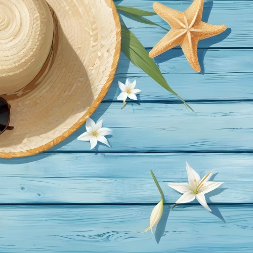 A Straw Hat With A White Lily A Starfish And Sunglasses On A Blue Wooden Surface 16 Eb5e