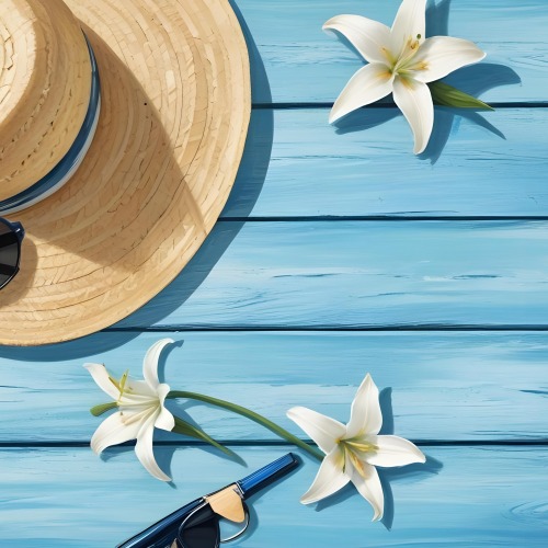 A Straw Hat With A White Lily A Starfish And Sunglasses On A Blue Wooden Surface 17 3f5e