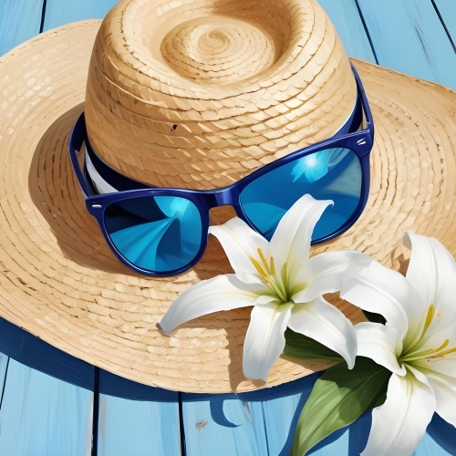 A Straw Hat With A White Lily A Starfish And Sunglasses On A Blue Wooden Surface 2 De40