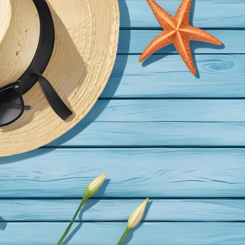 A Straw Hat With A White Lily A Starfish And Sunglasses On A Blue Wooden Surface 3 Dd24