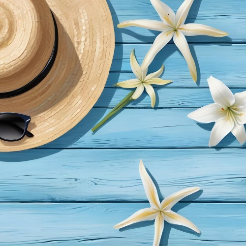 A Straw Hat With A White Lily A Starfish And Sunglasses On A Blue Wooden Surface 4 937a