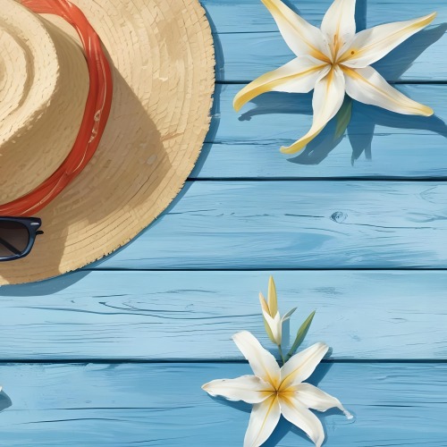A Straw Hat With A White Lily A Starfish And Sunglasses On A Blue Wooden Surface 6 0448