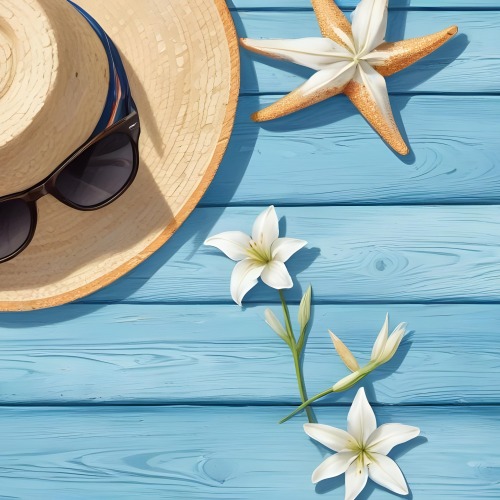 A Straw Hat With A White Lily A Starfish And Sunglasses On A Blue Wooden Surface 7 A879