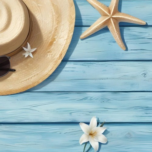A Straw Hat With A White Lily A Starfish And Sunglasses On A Blue Wooden Surface 8 2cee