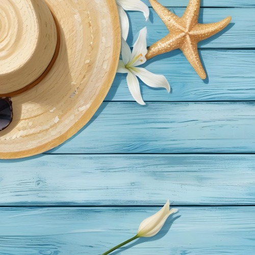 A Straw Hat With A White Lily A Starfish And Sunglasses On A Blue Wooden Surface 9 60f7