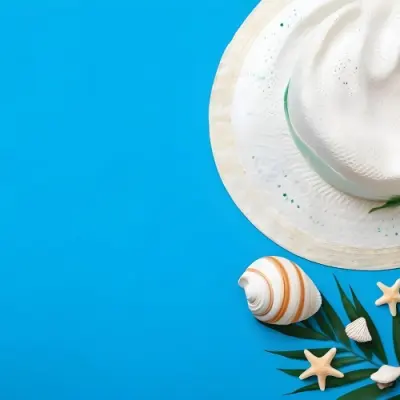 A White Hat A Seashell A Starfish And A Green Leaf On A Green Background 19 A556