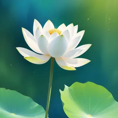 A White Lotus Flower With A Blue Center And A White Leaf In The Bottom Left Corner Green Background With Green Bokeh 9 38db