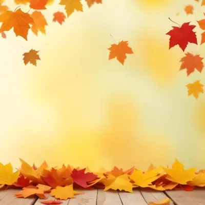 Colorful Autumn Leaves Falling On A Blurred Yellow And Orange Background With A Wooden Surface In The Foreground 7 523c