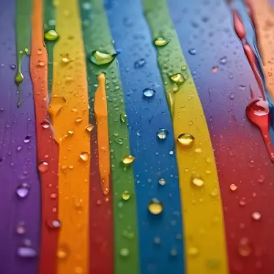 Colorful Vertical Stripes In Vibrant Hues Of Red Orange Yellow Green Blue And Purple With Water Droplets Clinging To The Surface Creating A Glossy Effect The Background Is Blurred Emphasizing The Vivid Colors A 12 E524