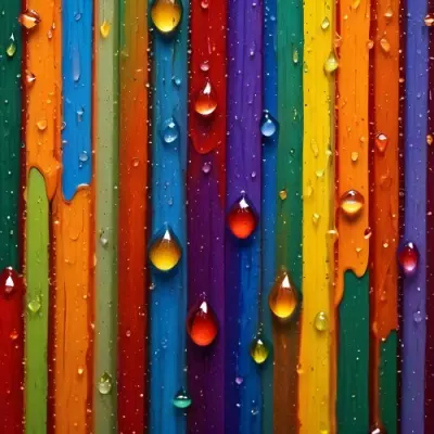 Colorful Vertical Stripes In Vibrant Hues Of Red Orange Yellow Green Blue And Purple With Water Droplets Clinging To The Surface Creating A Glossy Effect The Background Is Blurred Emphasizing The Vivid Colors A 30 D664