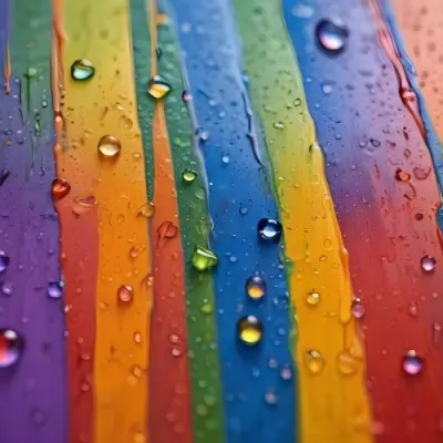 Colorful Vertical Stripes In Vibrant Hues Of Red Orange Yellow Green Blue And Purple With Water Droplets Clinging To The Surface Creating A Glossy Effect The Background Is Blurred Emphasizing The Vivid Colors A 36 0f1f