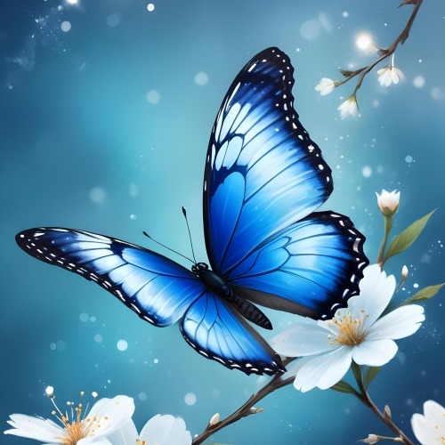 Digital Painting A Blue Butterfly Flying Over A Bokeh