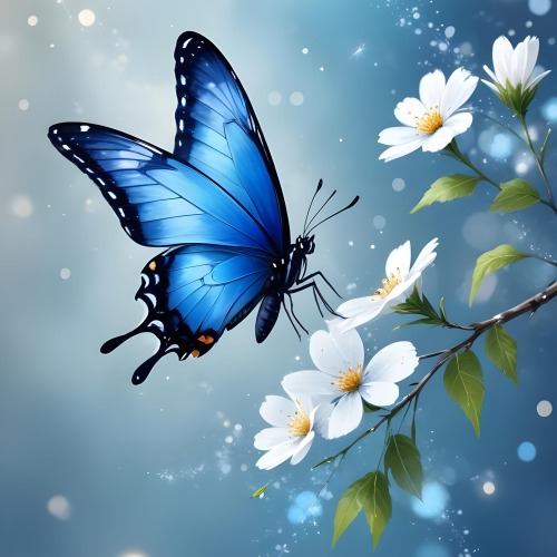 Digital Painting A Blue Butterfly Flying Over A Bokeh Background With Some White Sparkles And A Branch With Flowers In The Corner Bold And Slim Lines Brush Strokes 13 15cb