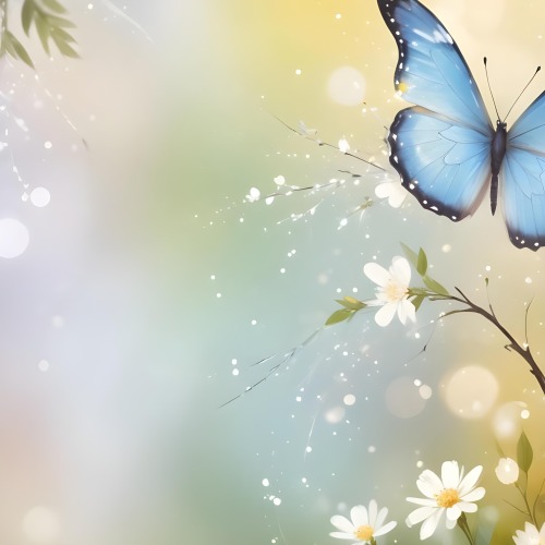 Digital Painting A Blue Butterfly Flying Over A Bokeh Background With Some White Sparkles And A Branch With Flowers In The Corner Bold And Slim Lines Brush Strokes 14 91e9