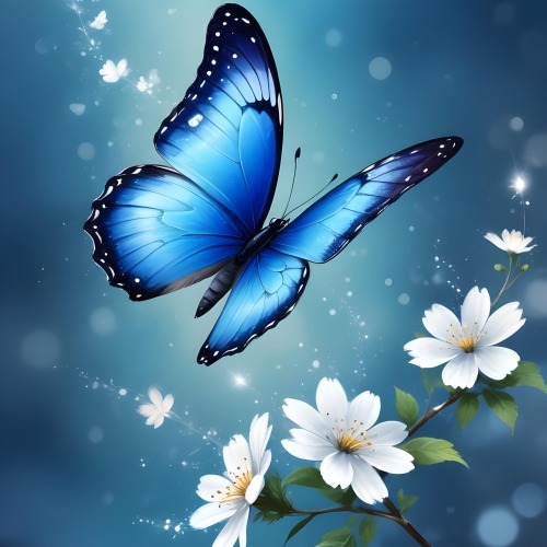 Digital Painting A Blue Butterfly Flying Over A Bokeh Background With Some White Sparkles And A Branch With Flowers In The Corner Bold And Slim Lines Brush Strokes 15 18c4