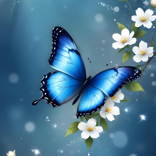 Digital Painting A Blue Butterfly Flying Over A Bokeh Background With Some White Sparkles And A Branch With Flowers In The Corner Bold And Slim Lines Brush Strokes 16 654e