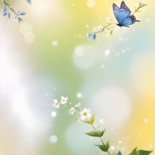 Digital Painting A Blue Butterfly Flying Over A Bokeh Background With Some White Sparkles And A Branch With Flowers In The Corner Bold And Slim Lines Brush Strokes 2 A214