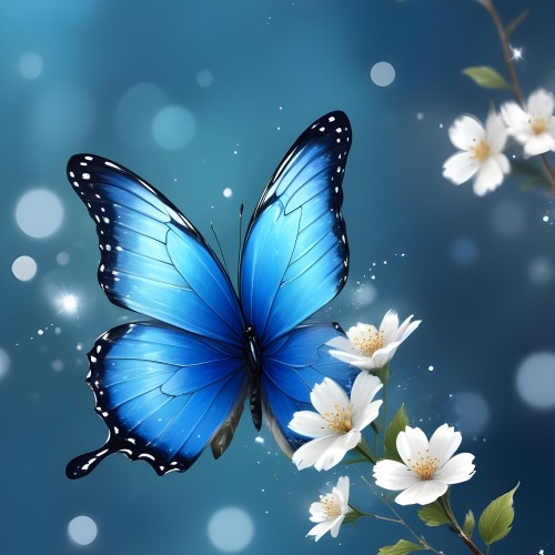 Digital Painting A Blue Butterfly Flying Over A Bokeh Background With Some White Sparkles And A Branch With Flowers In The Corner Bold And Slim Lines Brush Strokes 20 A68b