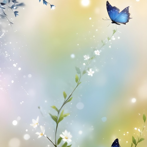 Digital Painting A Blue Butterfly Flying Over A Bokeh Background With Some White Sparkles And A Branch With Flowers In The Corner Bold And Slim Lines Brush Strokes 25 8111