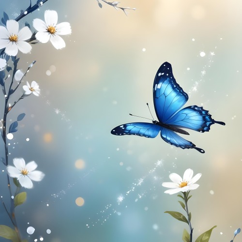Digital Painting A Blue Butterfly Flying Over A Bokeh Background With Some White Sparkles And A Branch With Flowers In The Corner Bold And Slim Lines Brush Strokes 3 4711