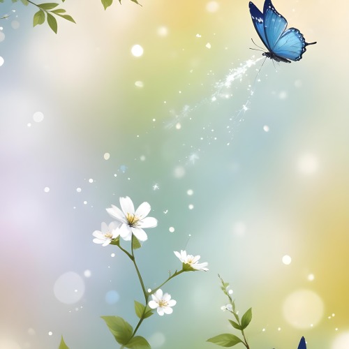 Digital Painting A Blue Butterfly Flying Over A Bokeh Background With Some White Sparkles And A Branch With Flowers In The Corner Bold And Slim Lines Brush Strokes 4 Dddd