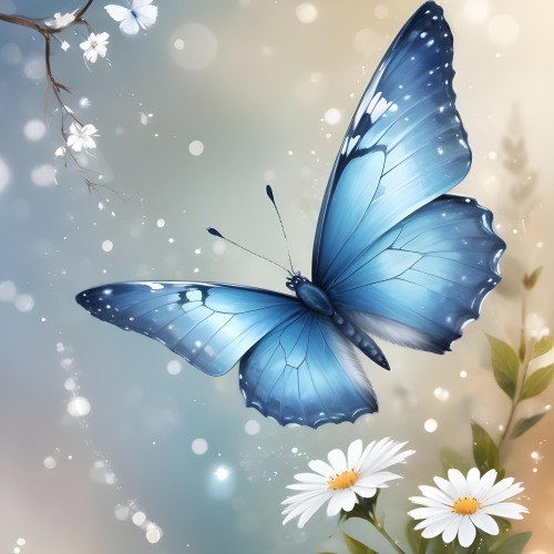 Digital Painting A Blue Butterfly Flying Over A Bokeh Background With Some White Sparkles And A Branch With Flowers In The Corner Bold And Slim Lines Brush Strokes 7 Dccd