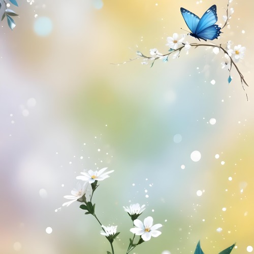 Digital Painting A Blue Butterfly Flying Over A Bokeh Background With Some White Sparkles And A Branch With Flowers In The Corner Bold And Slim Lines Brush Strokes 8 D6bc