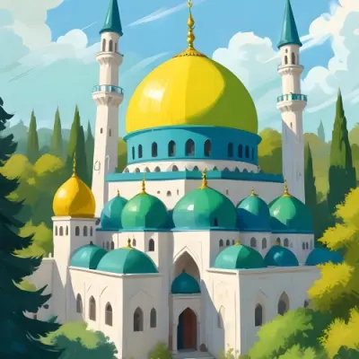 Digital Painting A Colorful Cartoon Mosque With A Large Green Dome Smaller Yellow And Blue Domes And Two Minarets Surrounded By Green Trees Bold And Slim Lines Brush Strokes 29 D6af