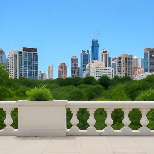 Digital Painting A Modern City Skyline With Tall Buildings And Office Buildings In The Background Viewed From A Terrace With A White Stone Railing In The Foreground And Green Trees Or Bushes Below Bold And Slim Lines 13 09f1