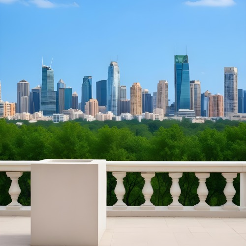 Digital Painting A Modern City Skyline With Tall Buildings And Office Buildings In The Background Viewed From A Terrace With A White Stone Railing In The Foreground And Green Trees Or Bushes Below Bold And Slim Lines 14 61e8